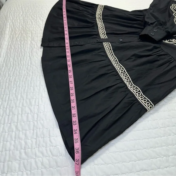 Elegant Button Down Black and Cream Embroidered Long Puff Sleeve Mini Dress - Picture 16 of 16
